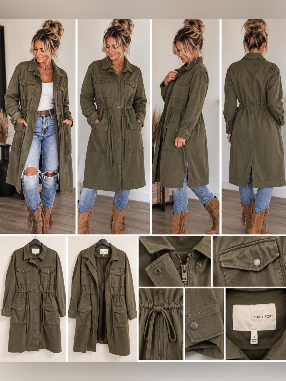 Oak + Fort Olive Green Long Utility Field Jacket Size Small